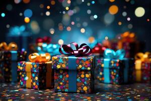 AI generated Many colorful gift boxes flying on festive blue background with confetti photo