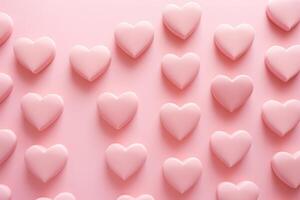 AI generated Pink hearts on a monocolor pastel background. Happy Valentine's Day top view greeting card photo