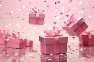 AI generated Many pink gift boxes with a bow on festive glittering bokeh dark pink background photo