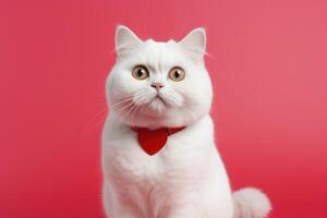 ai generado retrato de un linda pequeño Doméstico gato en un rojo antecedentes con amor corazón. foto
