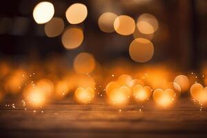 AI generated Golden glittering shiny hearts on defocused festive bokeh background with copy space. photo