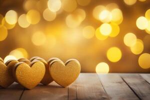 AI generated Golden glittering shiny hearts on defocused festive bokeh background with copy space. photo