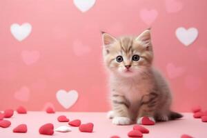 AI generated Portrait of a cute little gray stripped fluffy domestic cat on a red background with love hearts photo