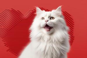 AI generated Portrait of a cute little domestic cat on a red background with love heart. photo