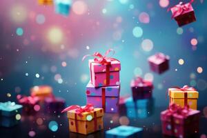 AI generated Many colorful gift boxes flying on festive blue background with confetti photo