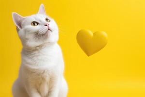 AI generated Portrait of a cute little domestic cat on a yellow background with love heart. photo