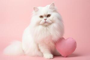 AI generated Portrait of a cute little domestic cat on a pink background with love hearts. photo