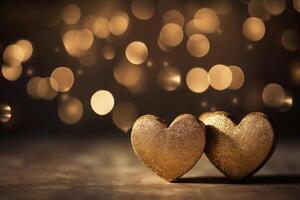 AI generated Golden glittering shiny hearts on defocused festive bokeh background with copy space. photo