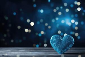 AI generated Blue heart on wooden table on defocused festive bokeh background with copy space photo