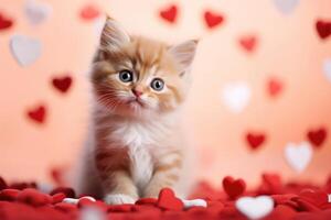 ai generado retrato de un linda pequeño despojado mullido Doméstico gato en un rojo antecedentes con amor corazones foto