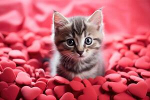 ai generado retrato de un linda pequeño gris despojado mullido Doméstico gato en un rojo antecedentes con amor corazones foto