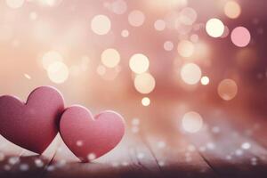 AI generated Pink glittering shiny heart on wooden table with confetti on defocused festive bokeh background photo