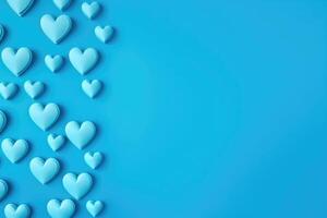 AI generated Blue hearts on a monocolor background. Happy Valentine's Day top view greeting card photo