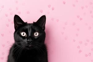 AI generated Portrait of a cute little black domestic cat on a pink background with love hearts. photo