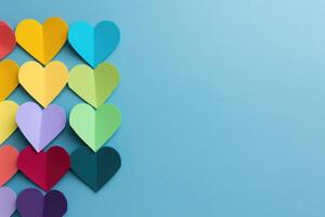 AI generated colorful multicolor hearts on blue background. Happy Valentine's Day top view greeting card photo