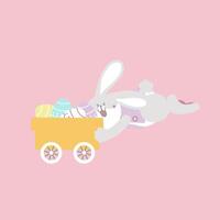 contento Pascua de Resurrección festival con animal mascota conejito conejo, carro y huevo, pastel color, plano vector ilustración dibujos animados personaje