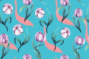 Seamless pattern of tulips and blooming flower with watercolor.Designed for fabric and wallpaper, vintage style.Hand drawn floral pattern.Botany background. vector