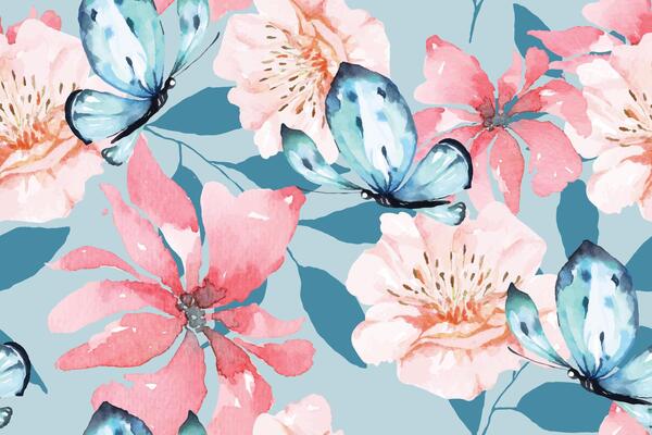 Seamless pattern of blooming flowers and butterfly  painted in watercolor on pastel background. For fabric luxurious and wallpaper, vintage style.Botanical floral colorful pattern.