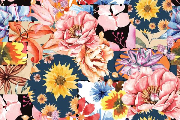 Seamless pattern of sunflower and blooming flowers painted in watercolor on abstract background.For fabric luxurious and wallpaper, vintage style.Hand drawn botanical floral colorful pattern.