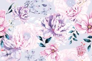 Seamless pattern of blooming flowers and peony painted in watercolor on abstract background.For fabric luxurious and wallpaper, purple style.Hand drawn botanical floral colorful pattern. vector