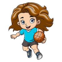 linda pequeño niña dibujos animados jugando baloncesto vector