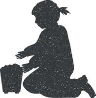 girl play in sand bucket silhouette icon vector illustration in stamp style