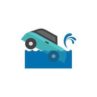 Drowned car icon in flat color style. Automotive natural accident flood insurance claim vector