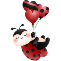 Cute ladybug holding balloons heart shaped clipart, Adorable watercolor bug illustration for valentines day gift decoration. png