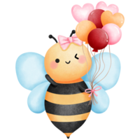 Bee and balloons flying in a joyful clipart, Watercolor honeybee illustration for valentines day gift. png