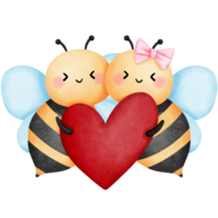 Couple bee with red heart clipart, Watercolor honeybee in love illustration. png