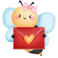 Cute honeybee holding a red envelope clipart, Little bee watercolor illustration with valentines mail. png