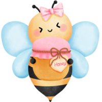 Valentine little bee with honey jar clipart, Watercolor illustration with cute honeybee and valentines sweet. png