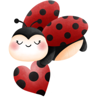 Adorable ladybug with red and black heart clipart, Watercolor valentine animal lovers illustration. png