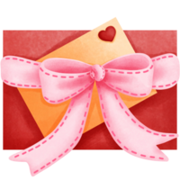 Red gift box with greeting card and ribbon bow clipart, Watercolor valentines gifts. png