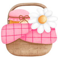 Watercolor pink basket of honey jar and daisy flower illustration, Rustic charm and natural beauty. png