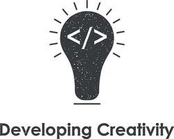 developing creativity, bulb, codding vector icon illustration with stamp effect