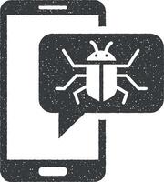 Bug attack, corrupting system, mobile bug, smartphone virus, virus alert message vector icon illustration with stamp effect