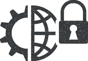 Global management, half cogwheel, padlock, technology maintenance, world map vector icon illustration with stamp effect