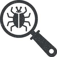 Bug inspection, computer virus, corrupted file, internet security, malware search vector icon illustration with stamp effect