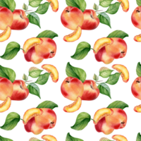 Fresh nectarines whole and half watercolor seamless pattern. Ripe fruits peach and leaves. Apricot hand drawn. Design element for package, textile, wrapping paper, fabric. png