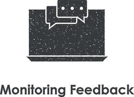laptop, speech, monitoring feedback vector icon illustration with stamp effect