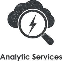 lightning, magnifier, cloud, analytic services vector icon illustration with stamp effect