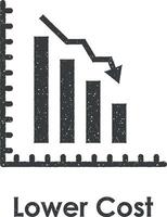 chart, arrow down, lower cost vector icon illustration with stamp effect