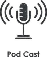 pod cast, microphone, signal vector icon illustration with stamp effect