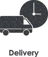 car, clock, delivery vector icon illustration with stamp effect