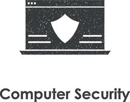 laptop, shield, computer security vector icon illustration with stamp effect