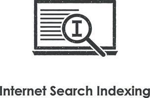 laptop, magnifier, edit text, internet search indexing vector icon illustration with stamp effect