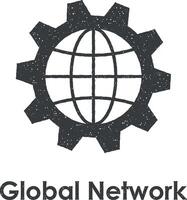 global network, gear, world vector icon illustration with stamp effect