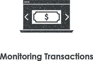 laptop, dollar, monitoring transactions vector icon illustration with stamp effect