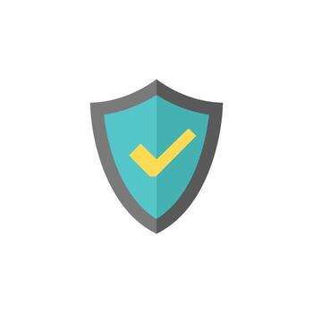 Shield icon with checkmark in flat color style. Vector illustration.